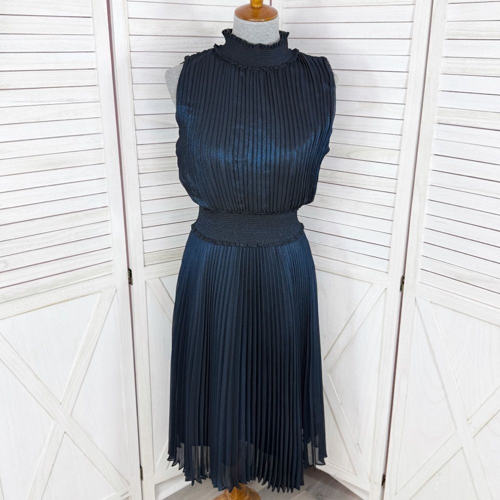 Nanette Lepore Smocked Waist Pleated Sleeveless Midi Dress Blue Shimmer 10